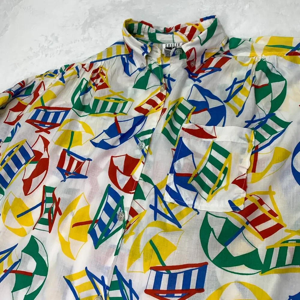 VTG Lesile Fay O/S 80s Swim Cover Up Button Up Shirt Dress Umbrella Beach Chair